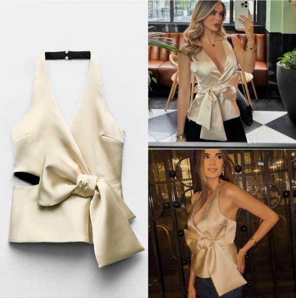 Zara Tops - ZARA CHAMPAYNE/GOLD SATIN EFFECT HALTER TOP WITH LARGE BOW ACCENT ✨️SIZE M & L✨️